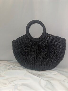 Black Handwoven Round-Handle Tote with Tassel Accent